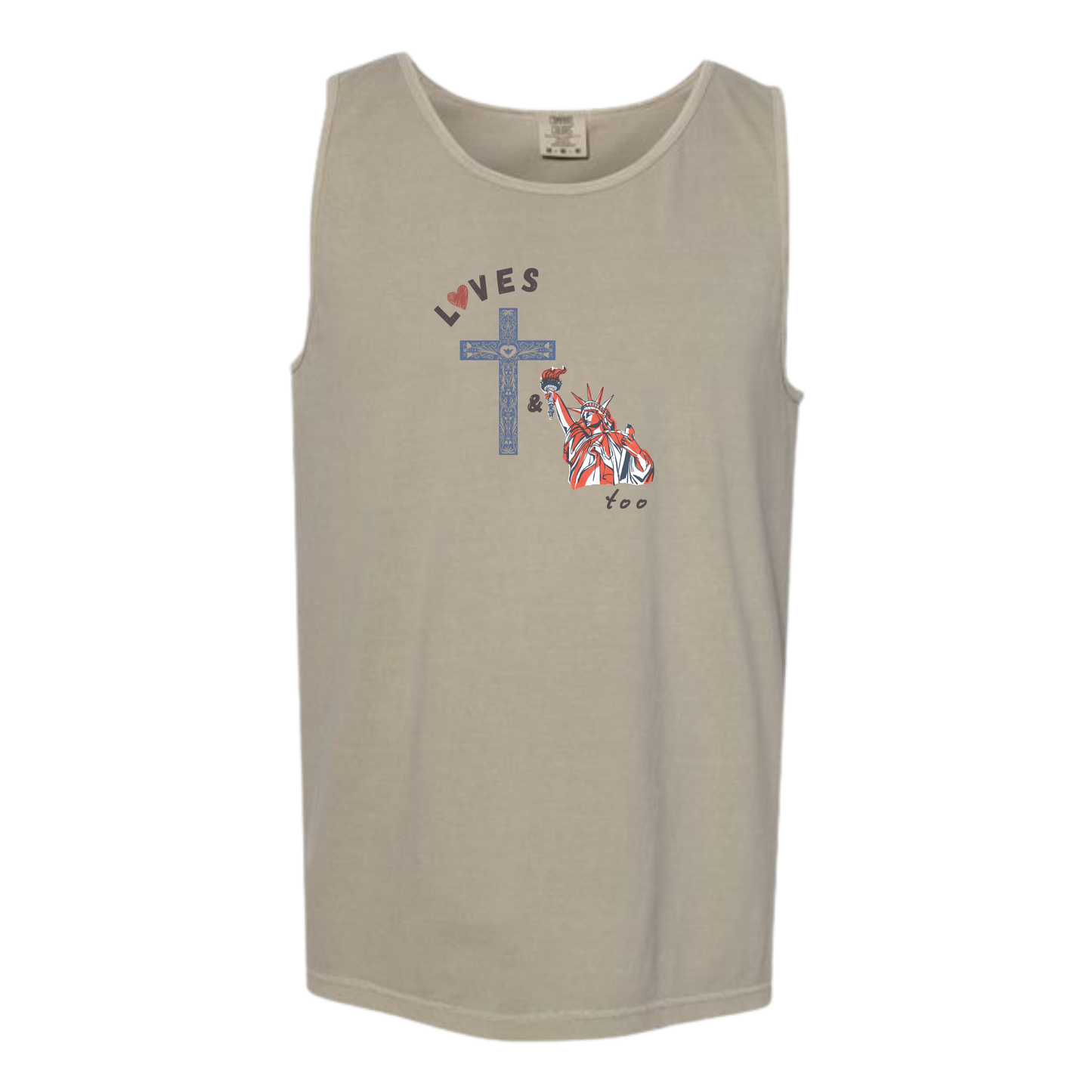 Loves Jesus & America too - Comfort Colors - Unisex Tank - Neutral Colors & Blues