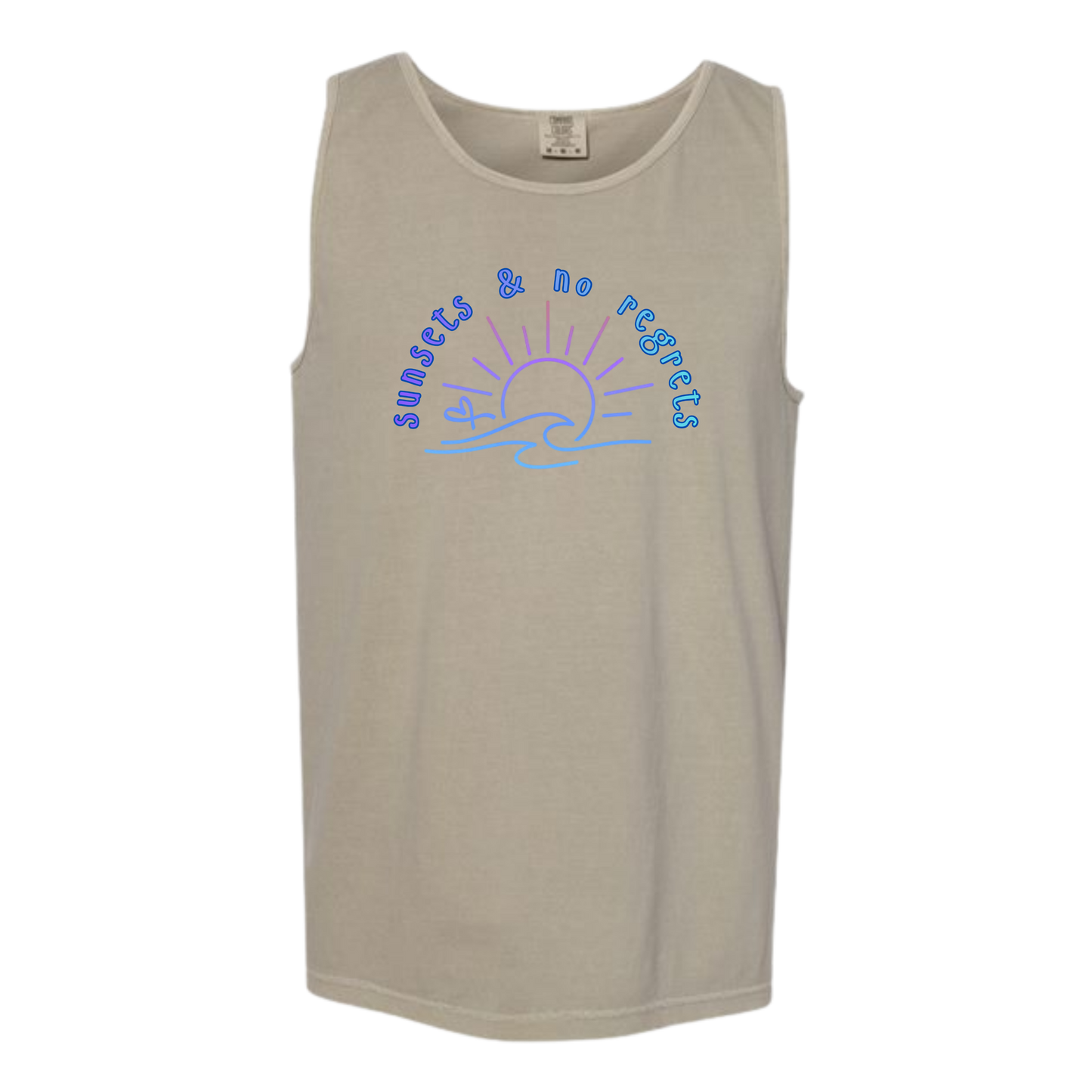 Sunsets & No Regrets - Comfort Colors - Unisex Tank - Neutral Colors & Blues