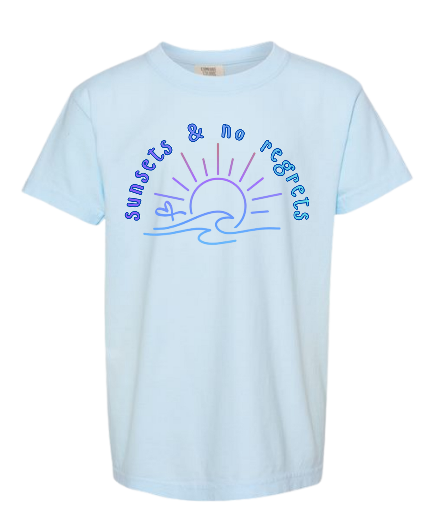 Sunsets & No Regrets - Comfort Colors - Heavyweight Youth Tee - Neutral Colors & Blues