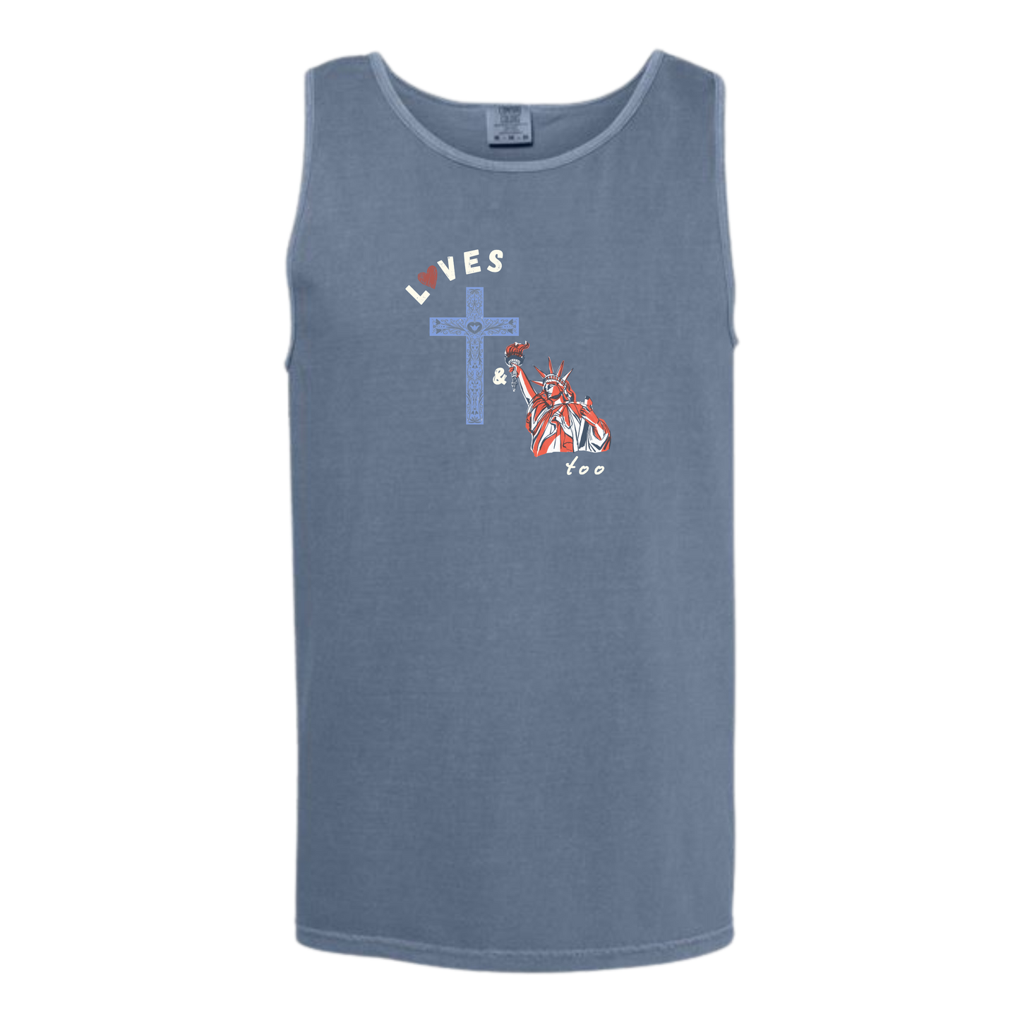 Loves Jesus & America too - Comfort Colors - Unisex Tank - Neutral Colors & Blues