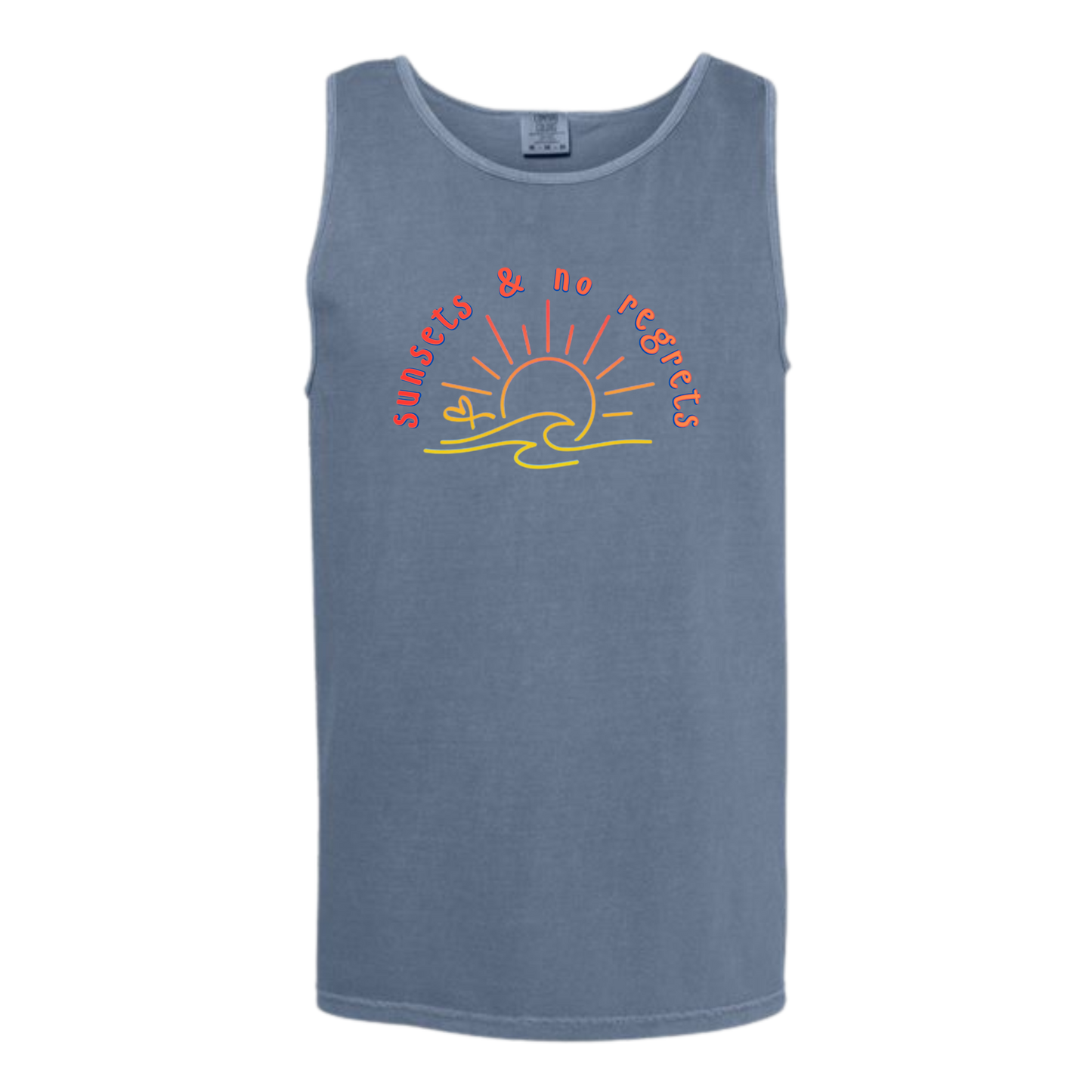 Sunsets & No Regrets - Comfort Colors - Unisex Tank - Neutral Colors & Blues