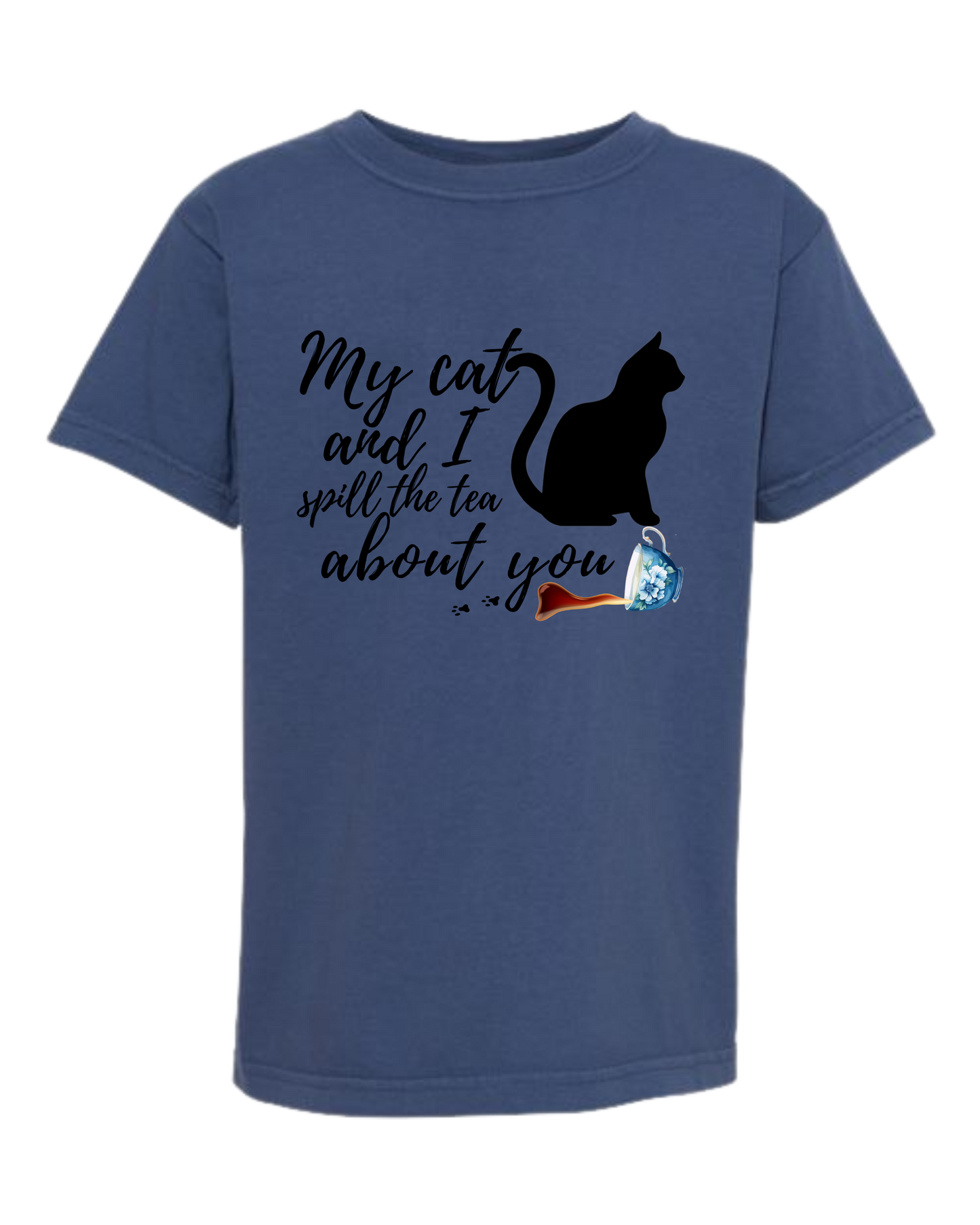 My Cat and I spill the tea about you - Comfort Colors - Heavyweight Youth Tee - Neutral Colors & Blues