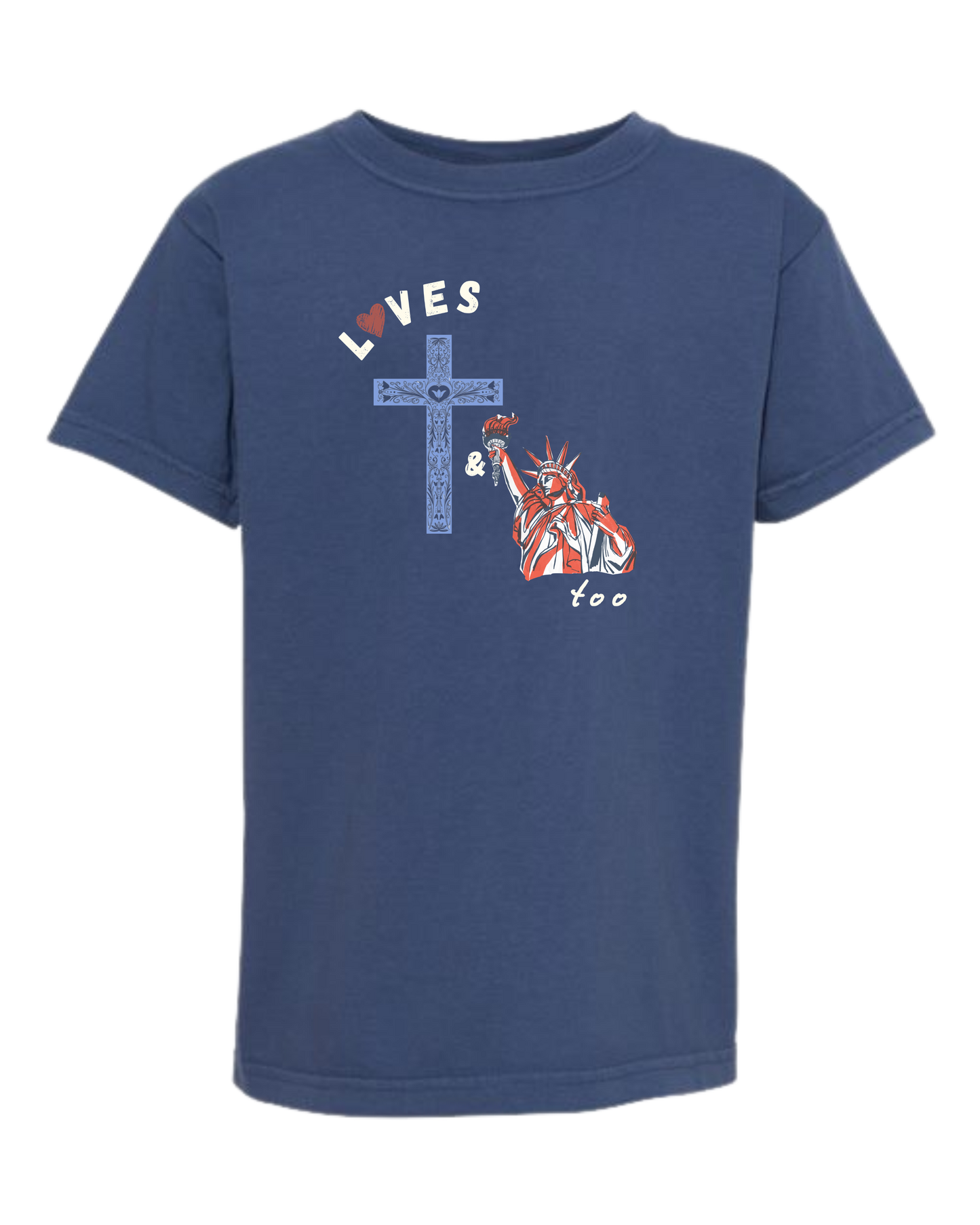Loves Jesus & America too - Comfort Colors - Heavyweight Youth Tee - Neutral Colors & Blues