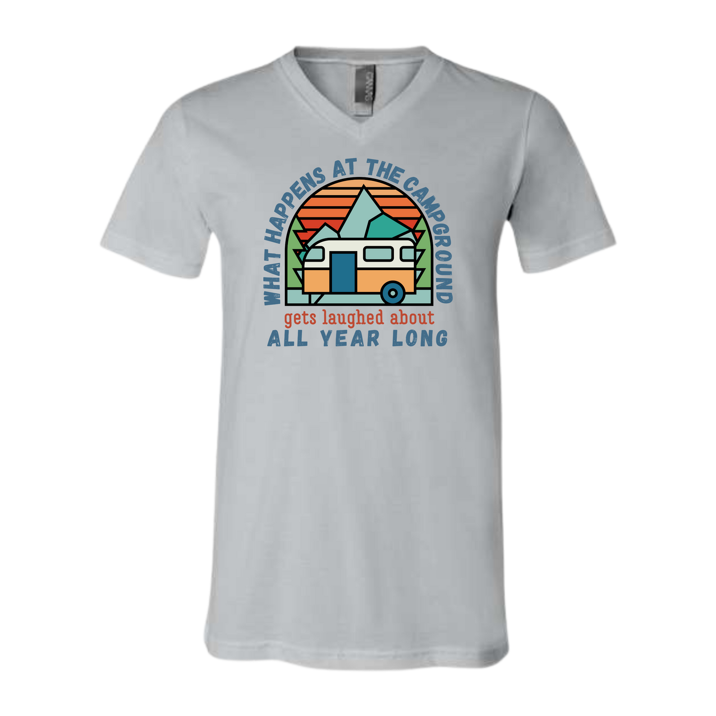 What Happens At The Campground - Bella+Canvas - Unisex V-Neck - Neutral Colors