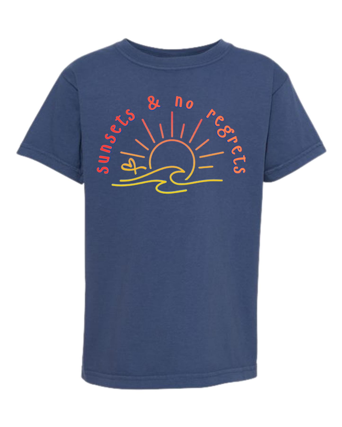 Sunsets & No Regrets - Comfort Colors - Heavyweight Youth Tee - Neutral Colors & Blues