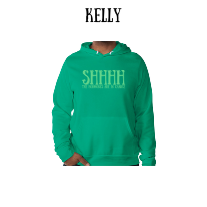 shhhh the hormones are in charge - sponge fleece hoodie - greens, neutrals