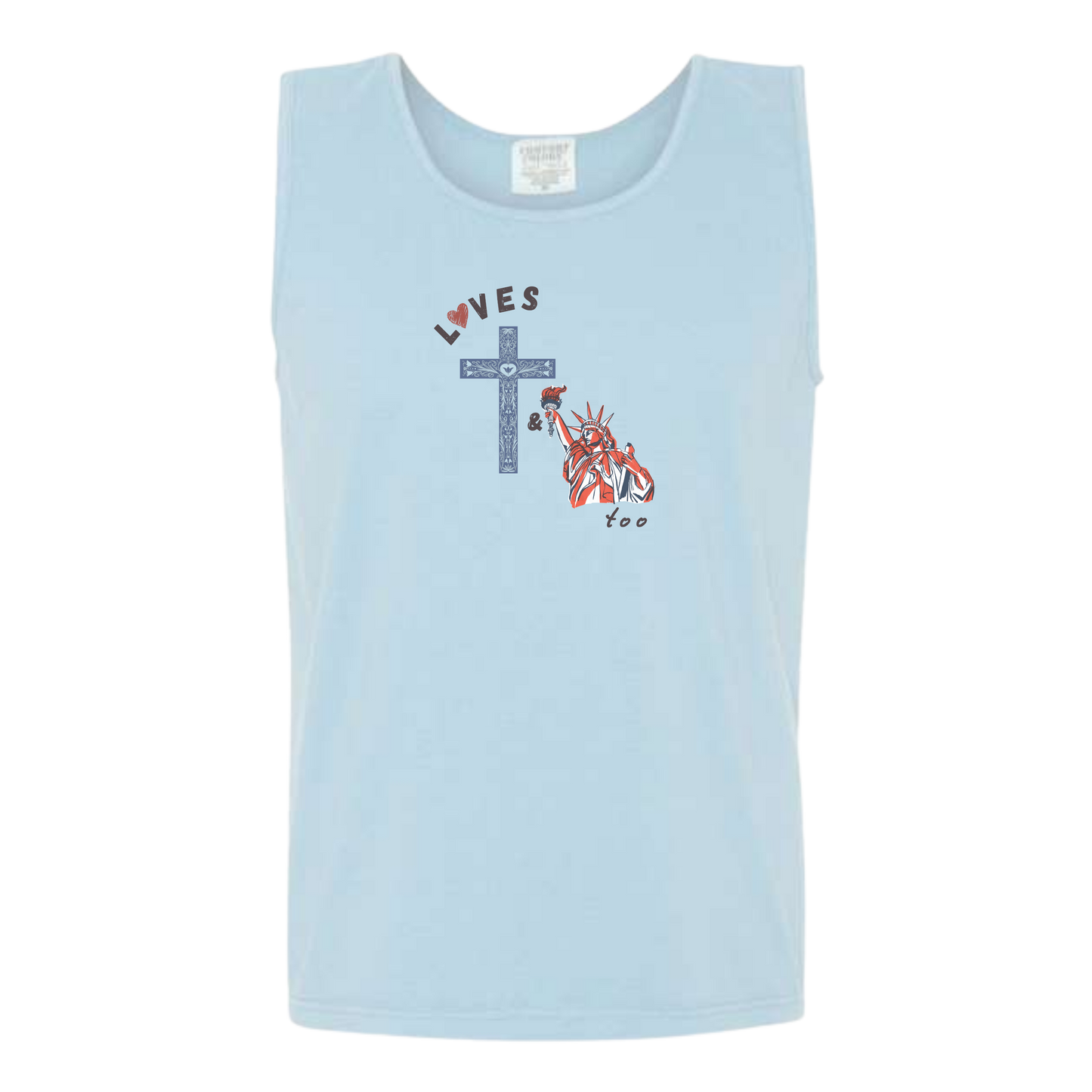 Loves Jesus & America too - Comfort Colors - Unisex Tank - Neutral Colors & Blues