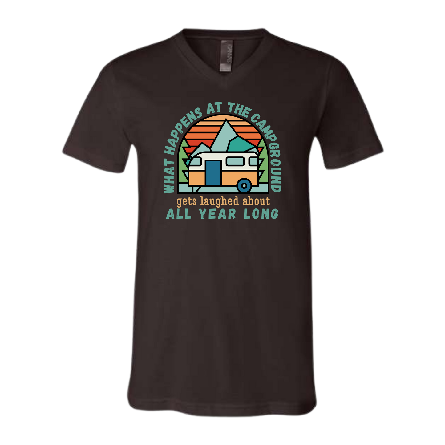 What Happens At The Campground - Bella+Canvas - Unisex V-Neck - Neutral Colors