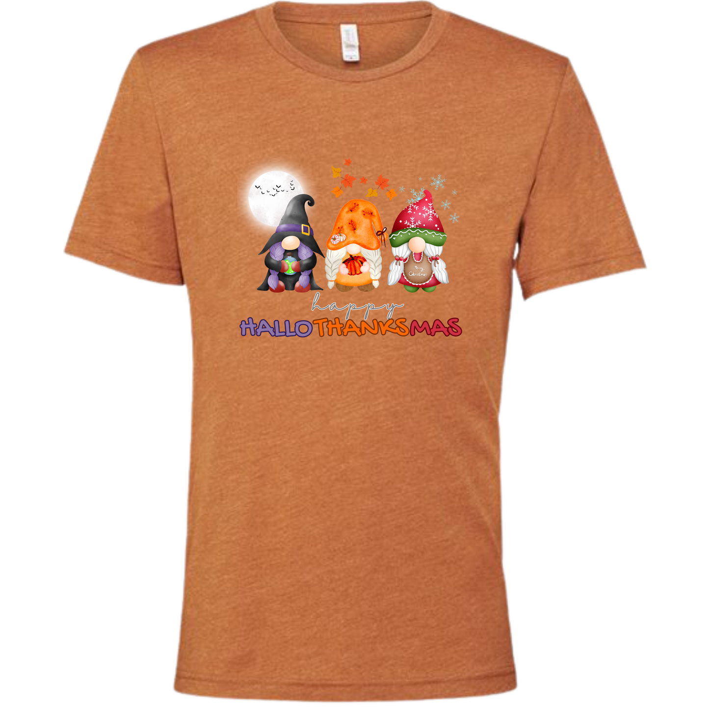 Happy HalloThanksMas Gnomes - Unisex Tee - Oranges