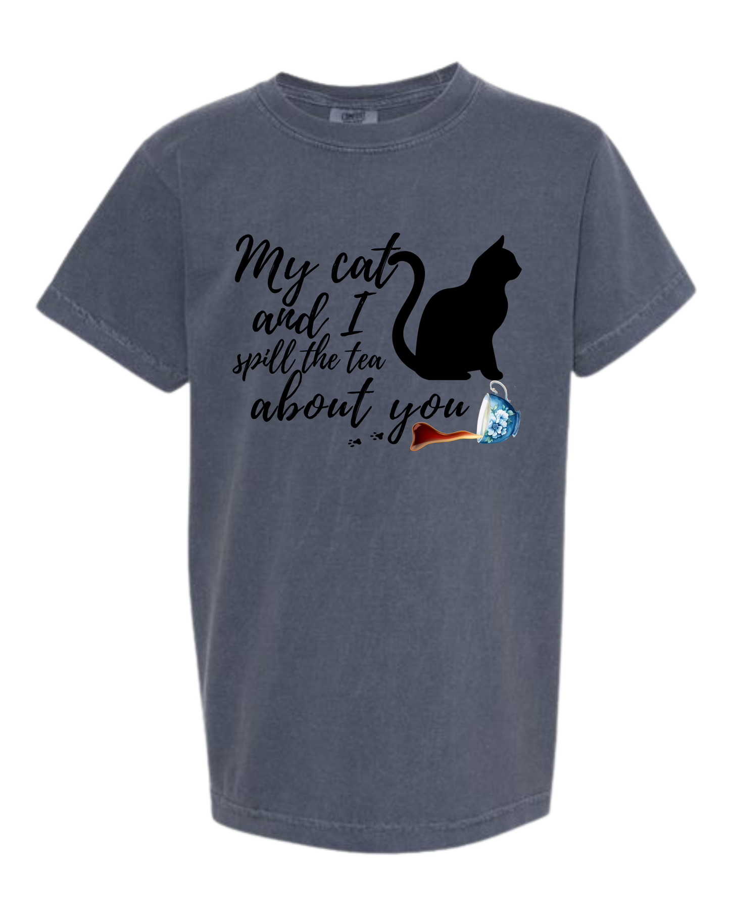 My Cat and I spill the tea about you - Comfort Colors - Heavyweight Youth Tee - Neutral Colors & Blues