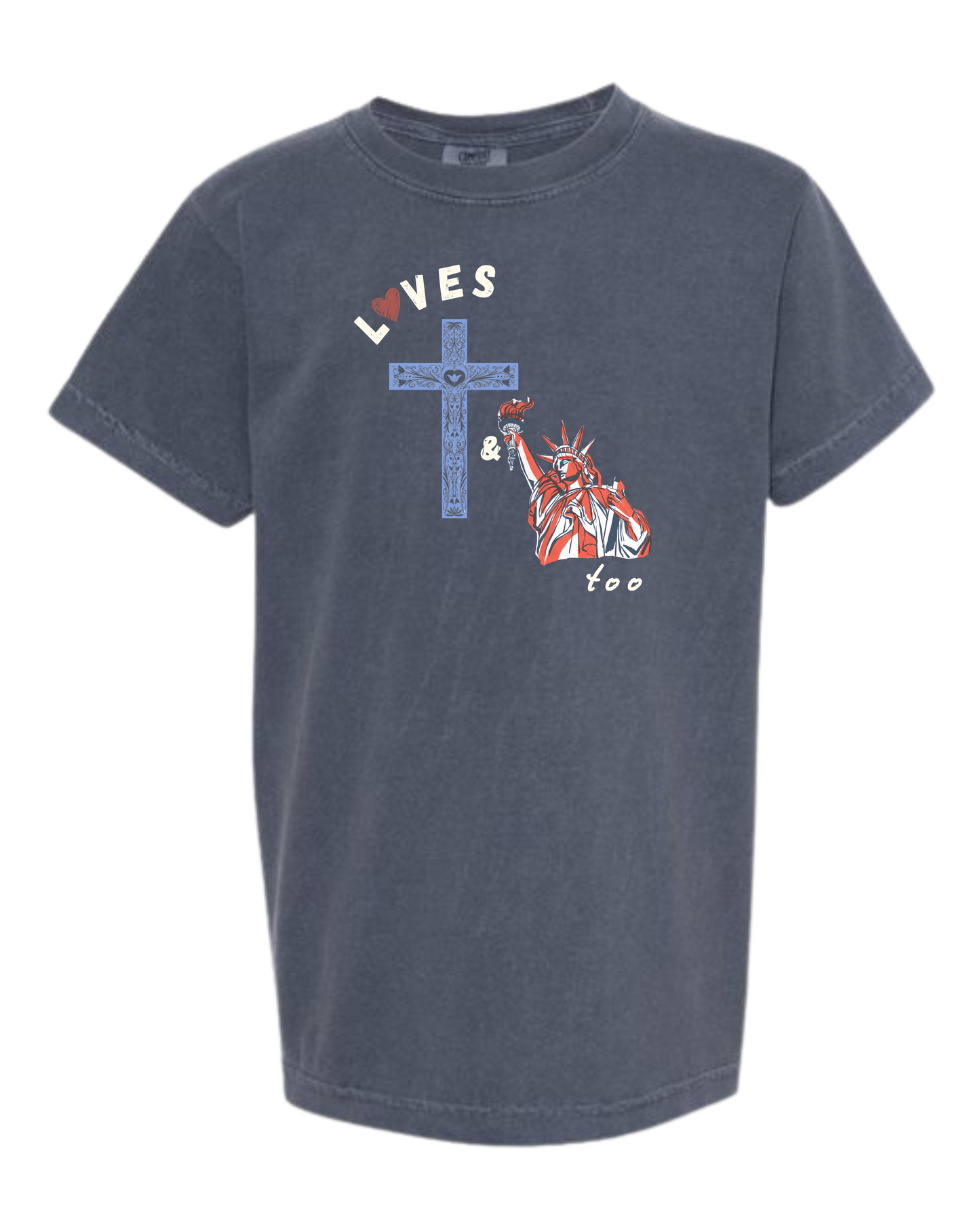 Loves Jesus & America too - Comfort Colors - Heavyweight Youth Tee - Neutral Colors & Blues